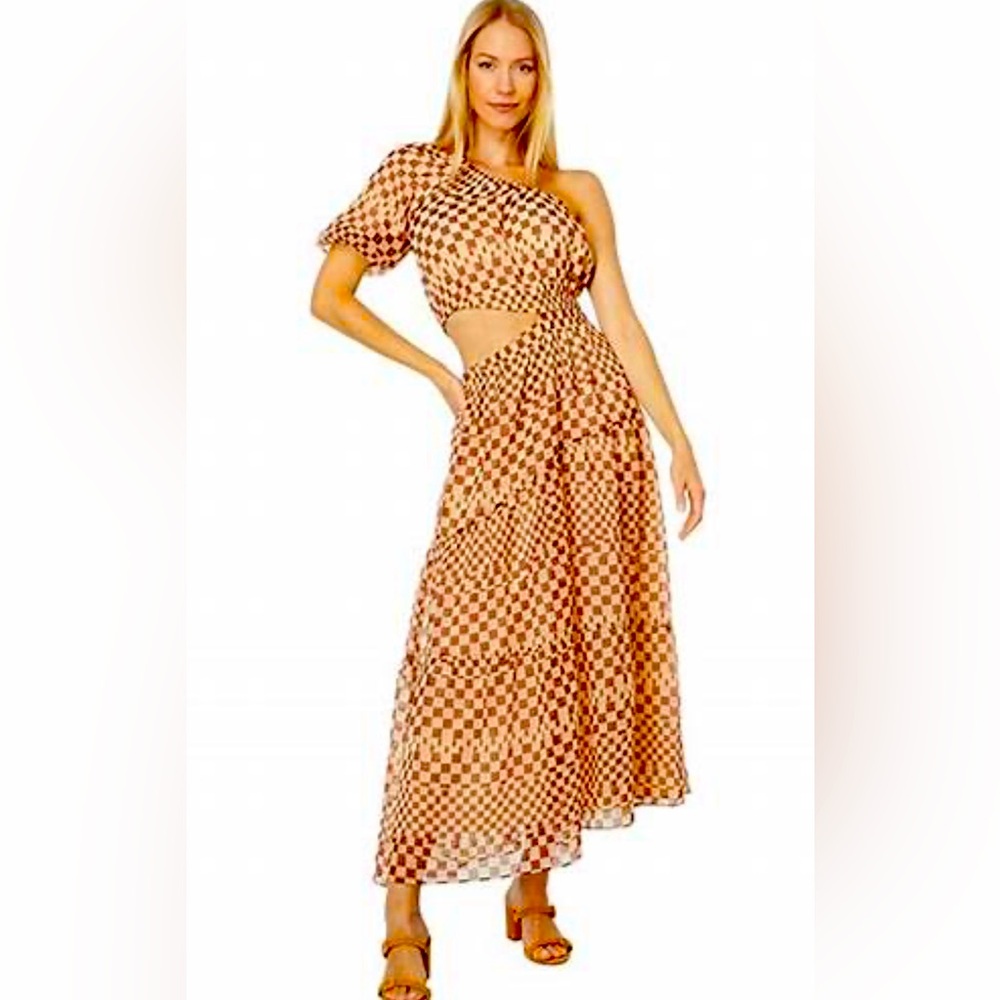MOON RIVER One Shoulder Cut Out Geometric Checkered Print Dress Small Revolve